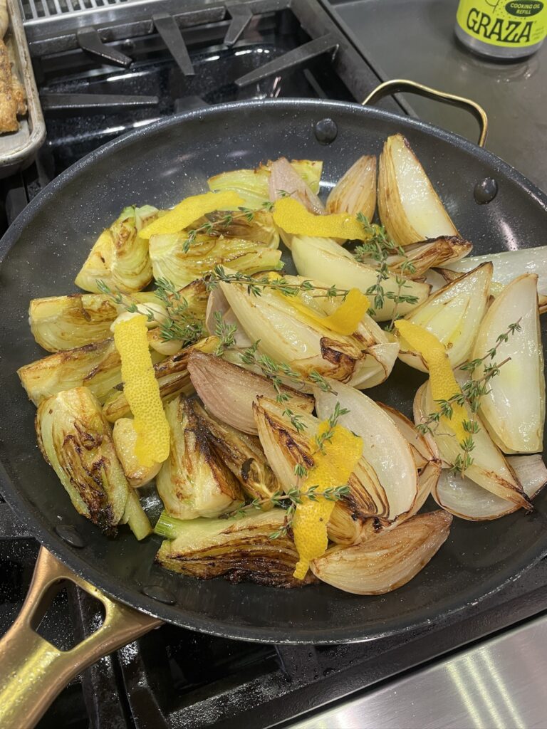 personal chef prepared sauteed thyme, onion, fennel, lemon peel 